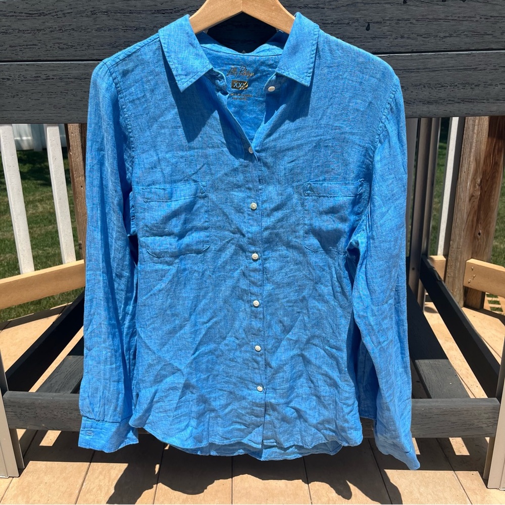 Lilly Pulitzer Sea View Button Down Linen Shirt in Beckon Blue x Sea Salt Sz XXL